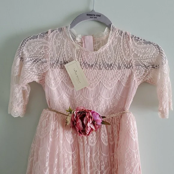 Trish Scully Blush Lace Formal Kids Dress with Floral Belt